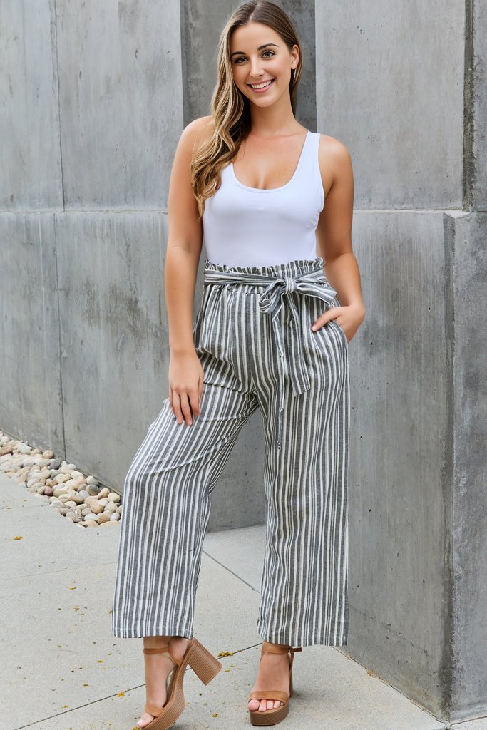 Heimish Find Your Path Full Size Paperbag Waist Striped Culotte Pants | us.meeeshop