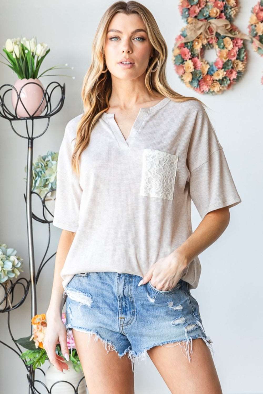 Heimish Full Size Lace Front Pocket Drop Shoulder Top us.meeeshop - 