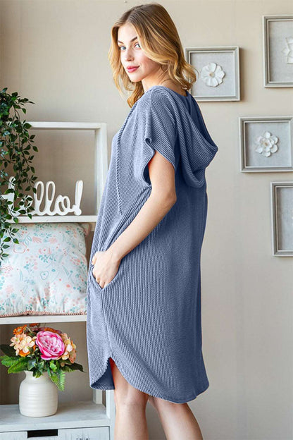 Heimish Full Size Ribbed Short Sleeve Hooded Dress us.meeeshop - 