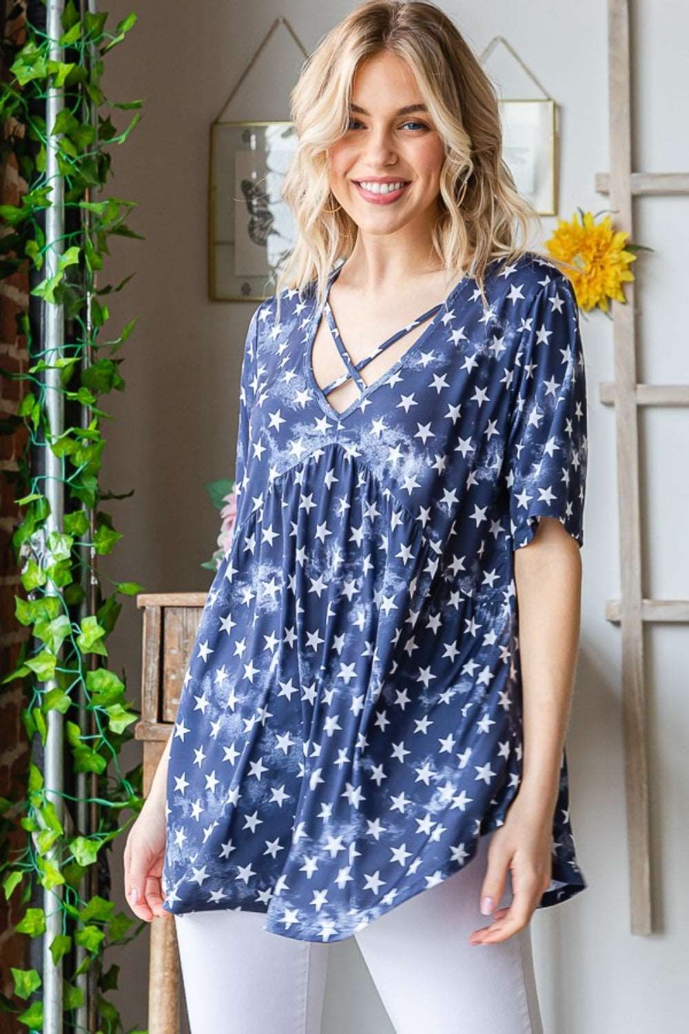 Heimish Full Size Short Sleeve Crisscross Star Babydoll Top us.meeeshop - 