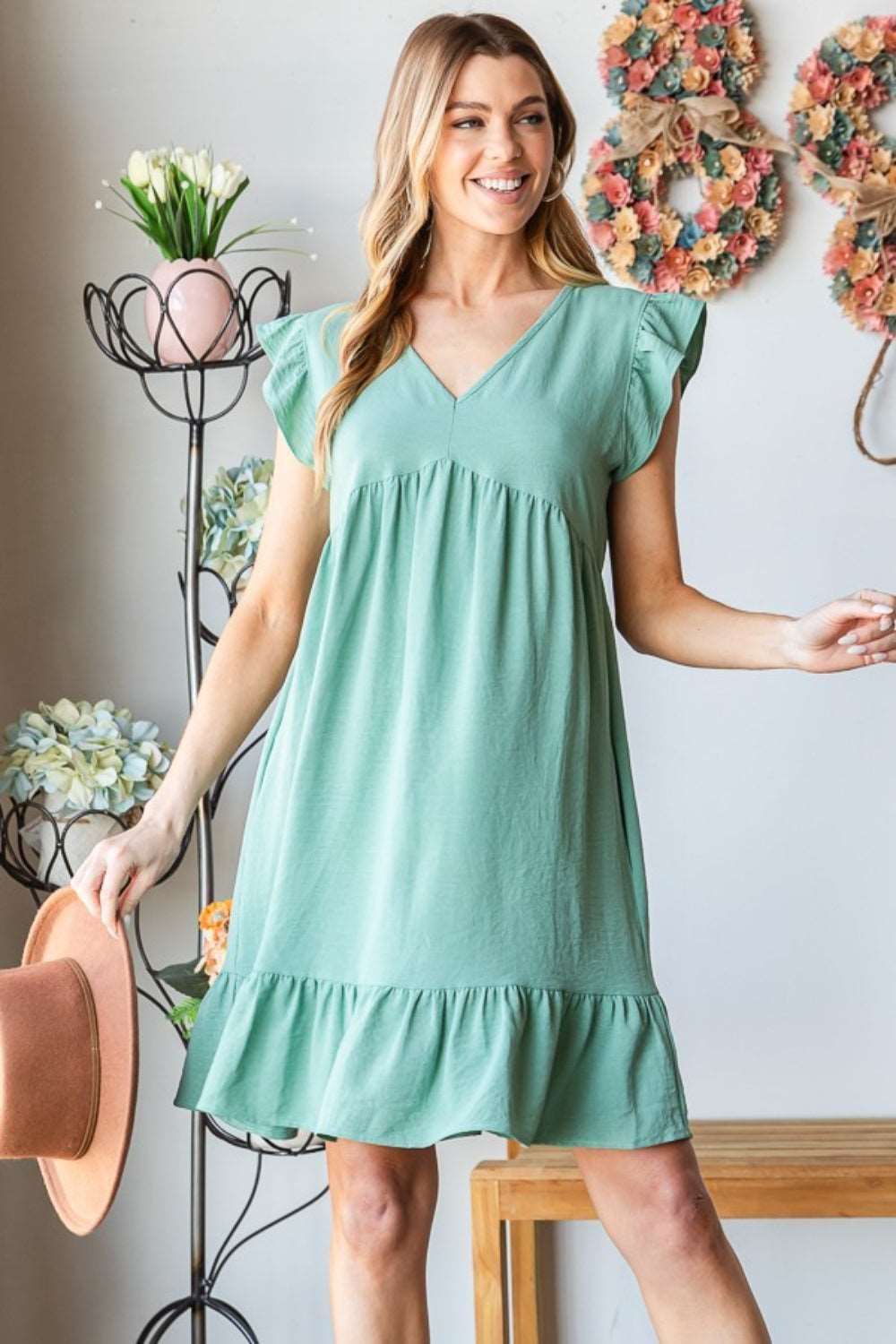 Heimish Full Size Short Sleeve V Neck Ruffled Hem Dress us.meeeshop - Dresses