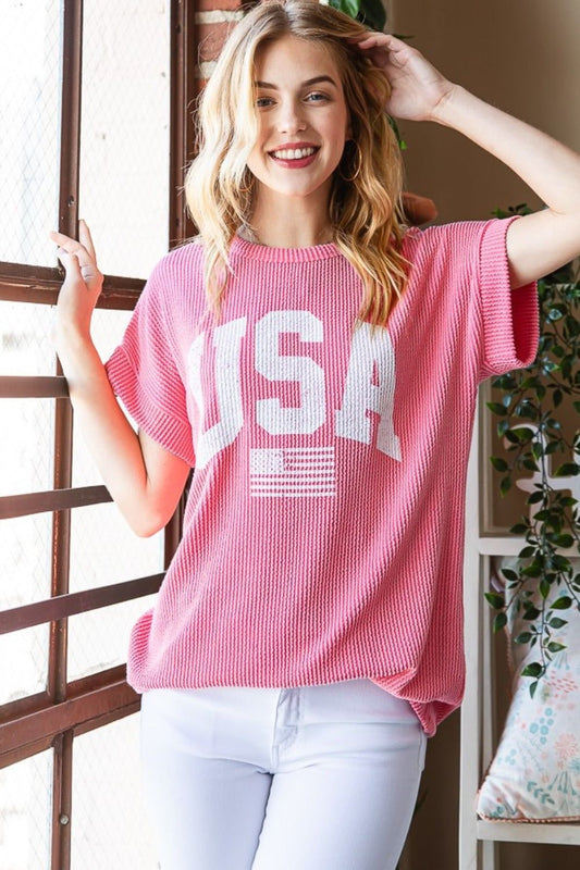 Heimish Full Size USA Graphic Short Sleeve Ribbed Top us.meeeshop - Shirts & Tops