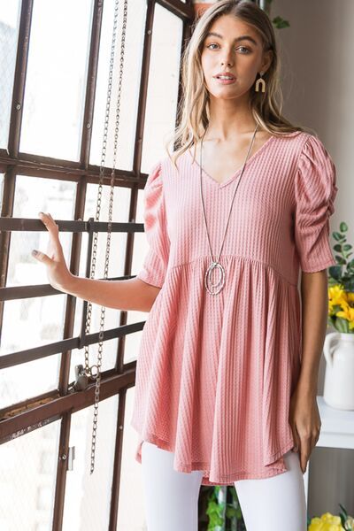 Heimish Full Size Waffle Knit V-Neck Babydoll Top us.meeeshop - 