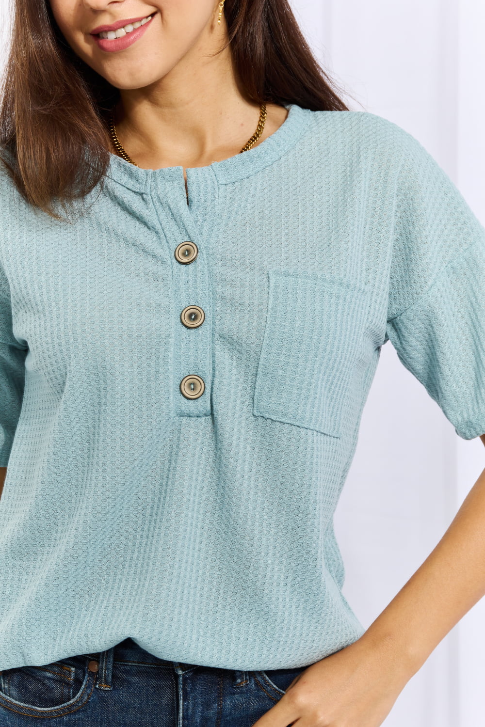 Heimish Made For You Full Size 1/4 Button Down Waffle Top in Blue | us.meeeshop
