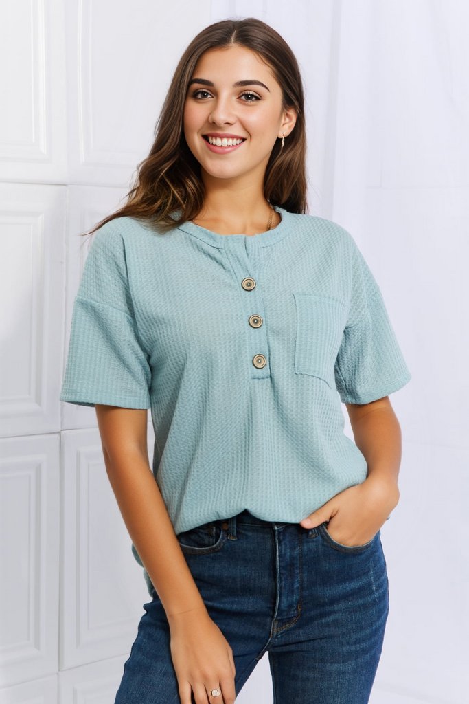 Heimish Made For You Full Size 1/4 Button Down Waffle Top in Blue | us.meeeshop