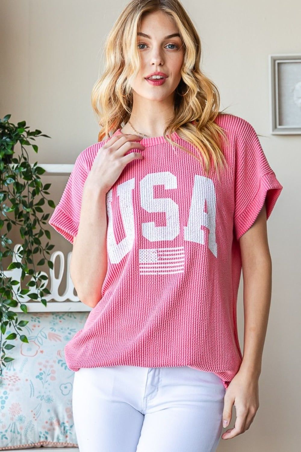 Heimish Full Size USA Graphic Short Sleeve Ribbed Top - us.meeeshop