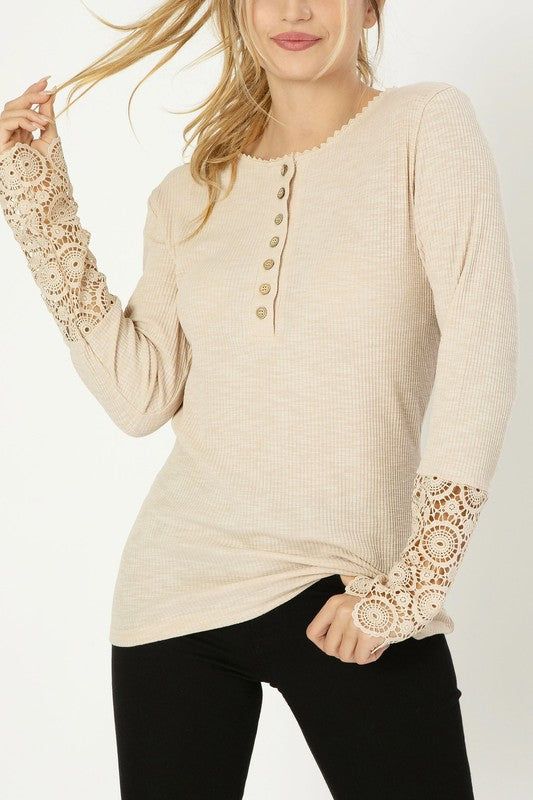 Henley neck tee with lace trim us.meeeshop - 