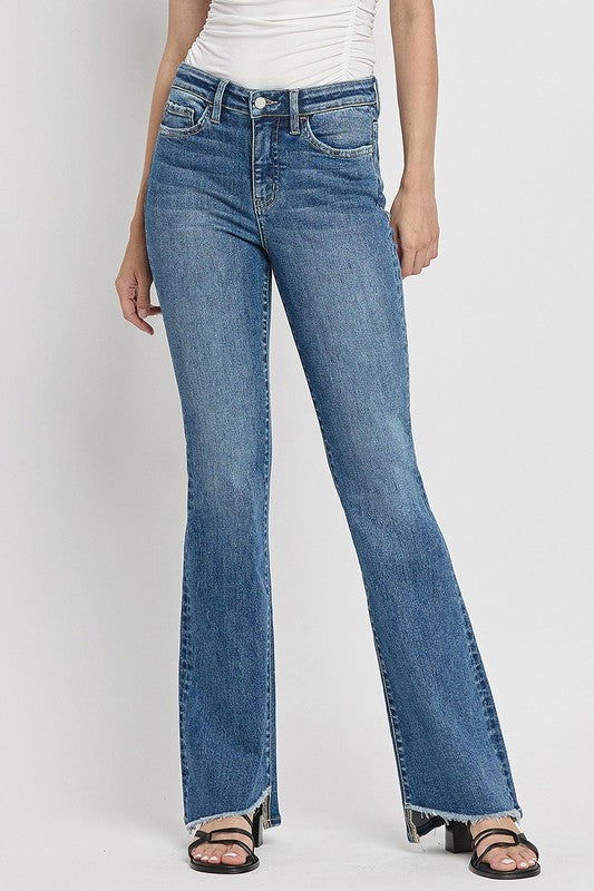 High Rise Slant Hem Flare Jeans us.meeeshop - Pants