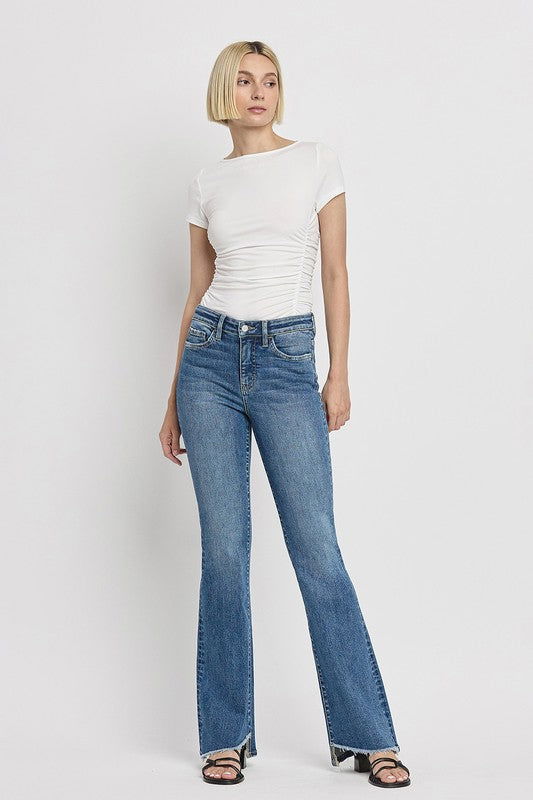 High Rise Slant Hem Flare Jeans us.meeeshop - 