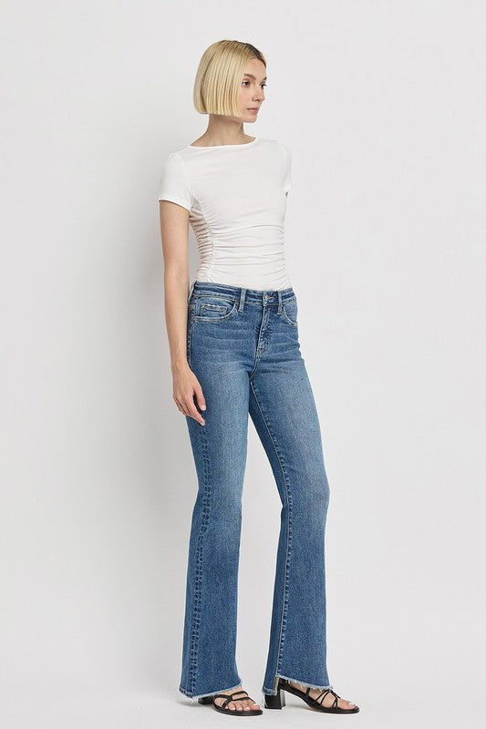 High Rise Slant Hem Flare Jeans us.meeeshop - 