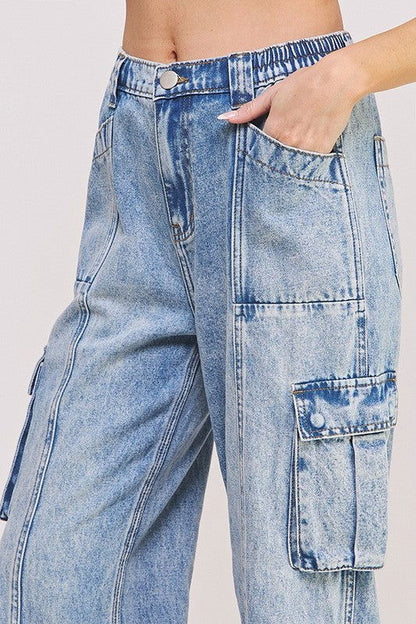 High Waist Baggy Denim Cargo Ankle Length Trousers Plus us.meeeshop - 