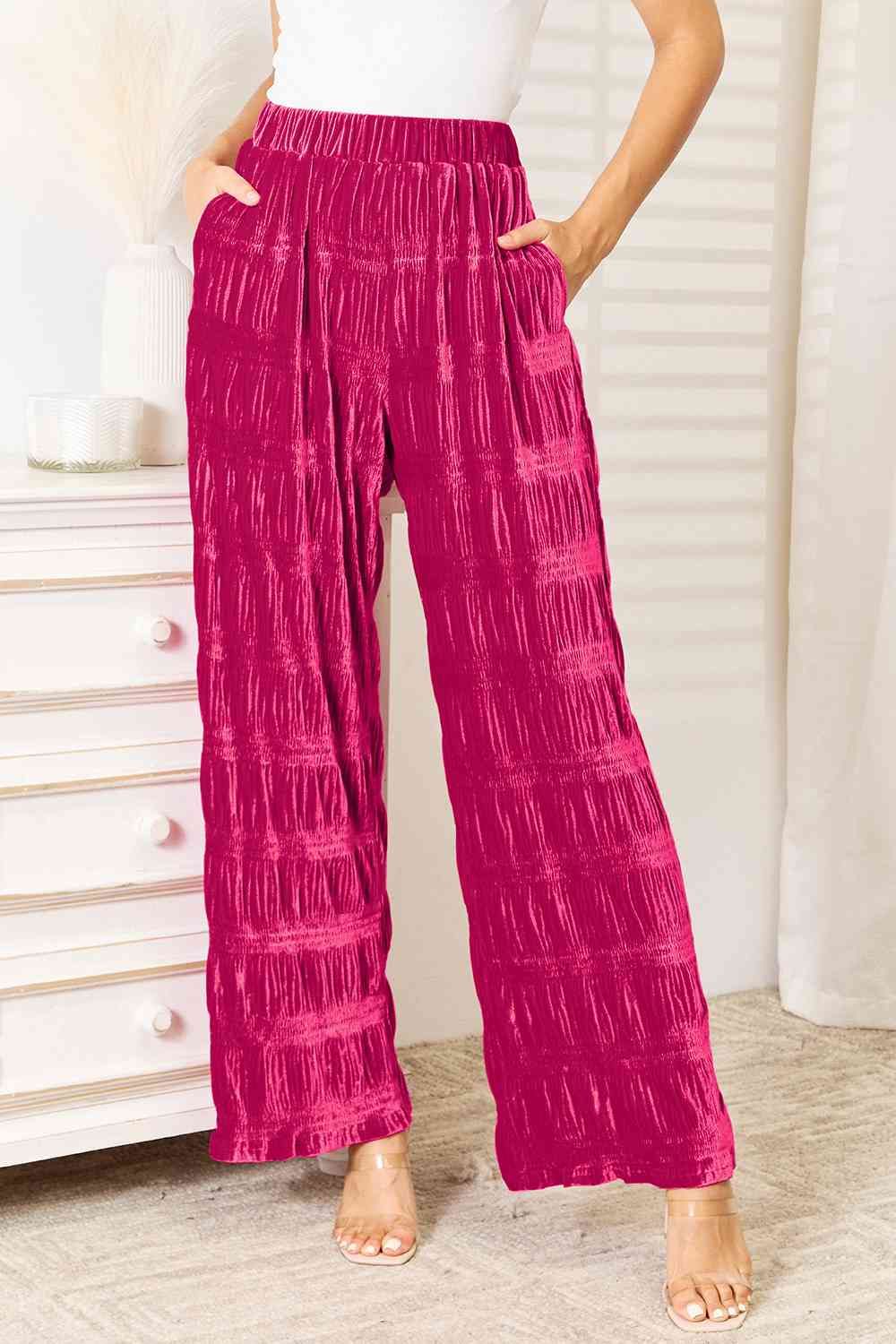 High Waist Tiered Shirring Velvet Wide Leg Pants us.meeeshop - 