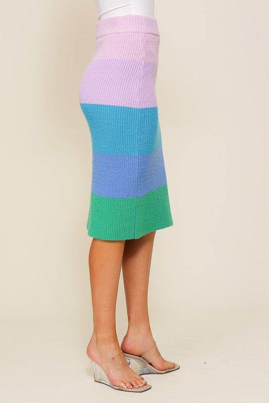 High-Waisted Midi Sweater Multicolor Skirt - us.meeeshop