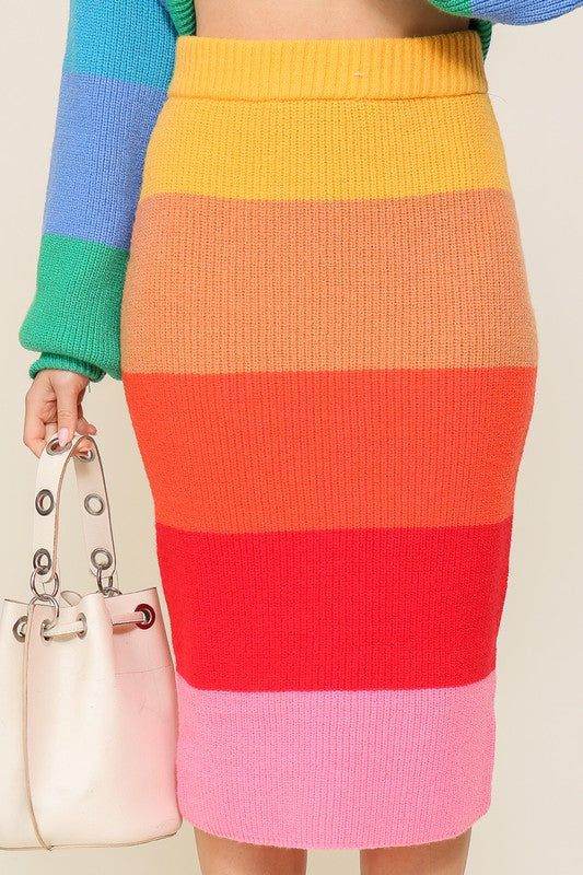 High-Waisted Midi Sweater Multicolor Skirt - us.meeeshop