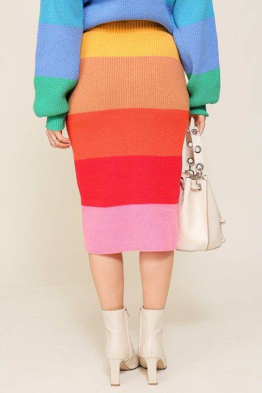 High-Waisted Midi Sweater Multicolor Skirt - us.meeeshop