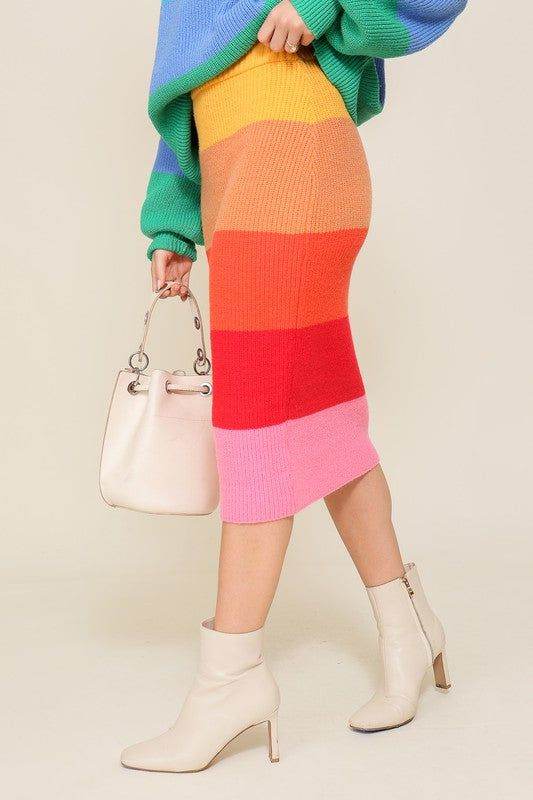 High-Waisted Midi Sweater Multicolor Skirt - us.meeeshop