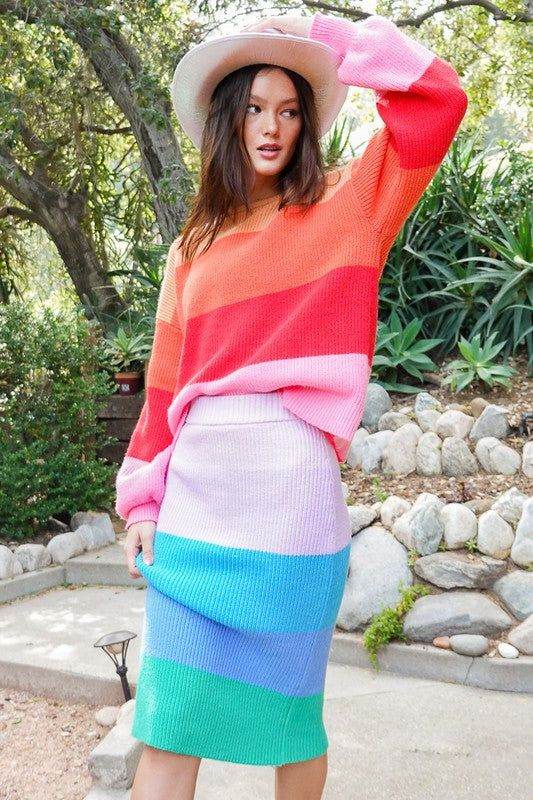 High-Waisted Midi Sweater Multicolor Skirt - us.meeeshop