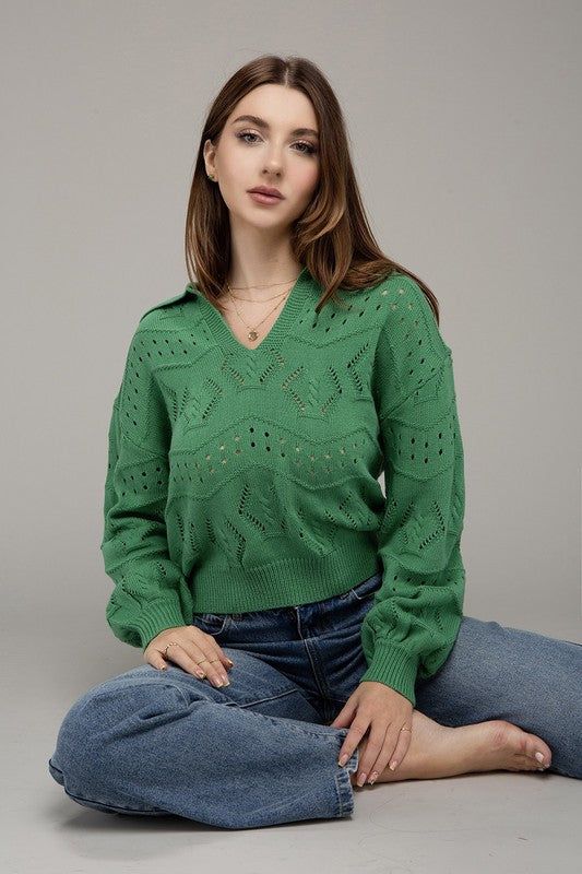 Women's Hole-knit collared sweater - us.meeeshop