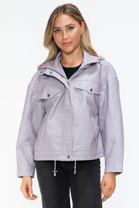 How Dare U Drawstring Hem PU Leather Zip Up Jacket In Lilac us.meeeshop - Coats & Jackets