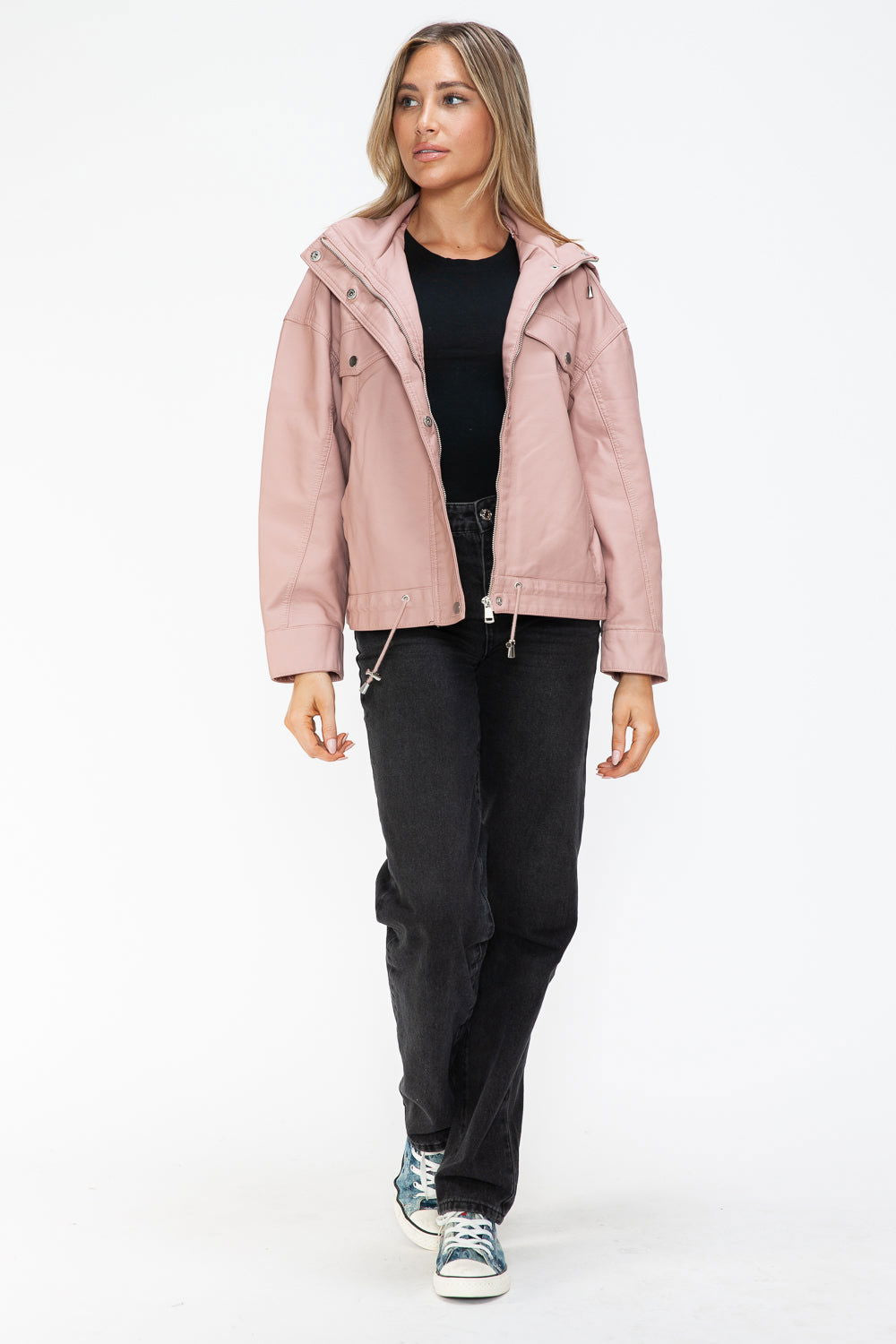 How Dare U Drawstring Hem PU Leather Zip Up Jacket In Mauve us.meeeshop - 