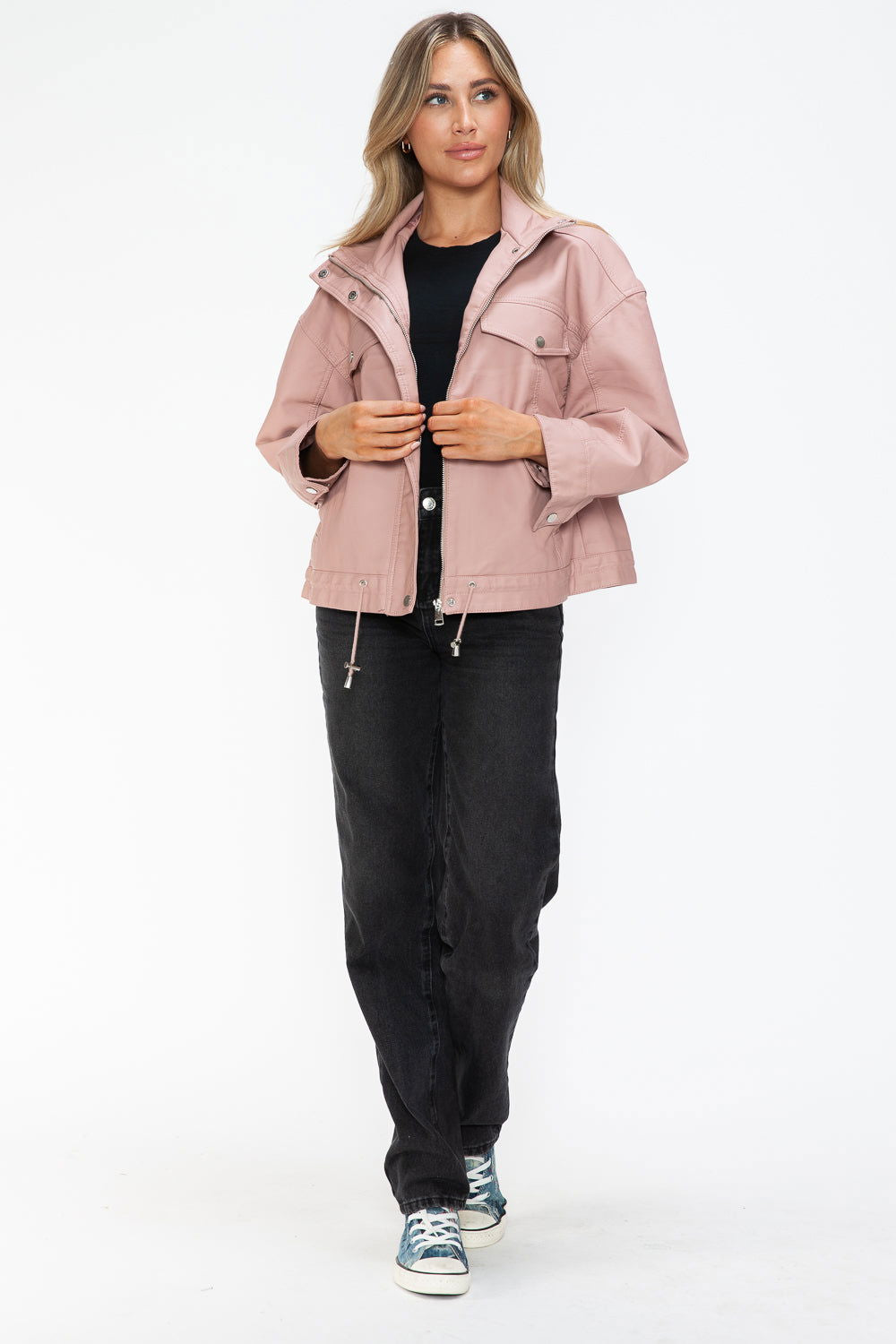 How Dare U Drawstring Hem PU Leather Zip Up Jacket In Mauve us.meeeshop - 