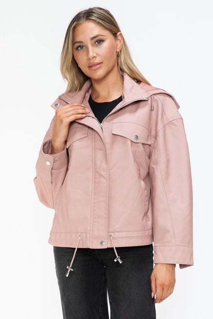 How Dare U Drawstring Hem PU Leather Zip Up Jacket In Mauve us.meeeshop - 