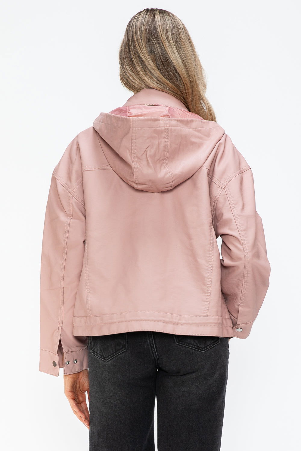 How Dare U Drawstring Hem PU Leather Zip Up Jacket In Mauve us.meeeshop - 