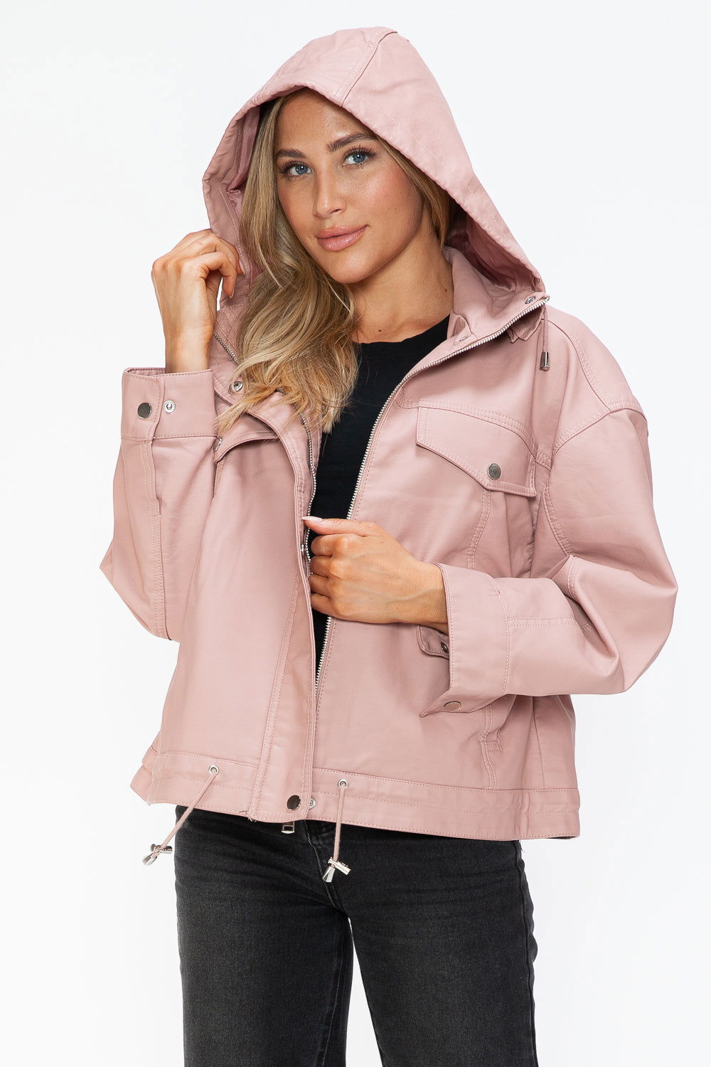 How Dare U Drawstring Hem PU Leather Zip Up Jacket In Mauve us.meeeshop - 