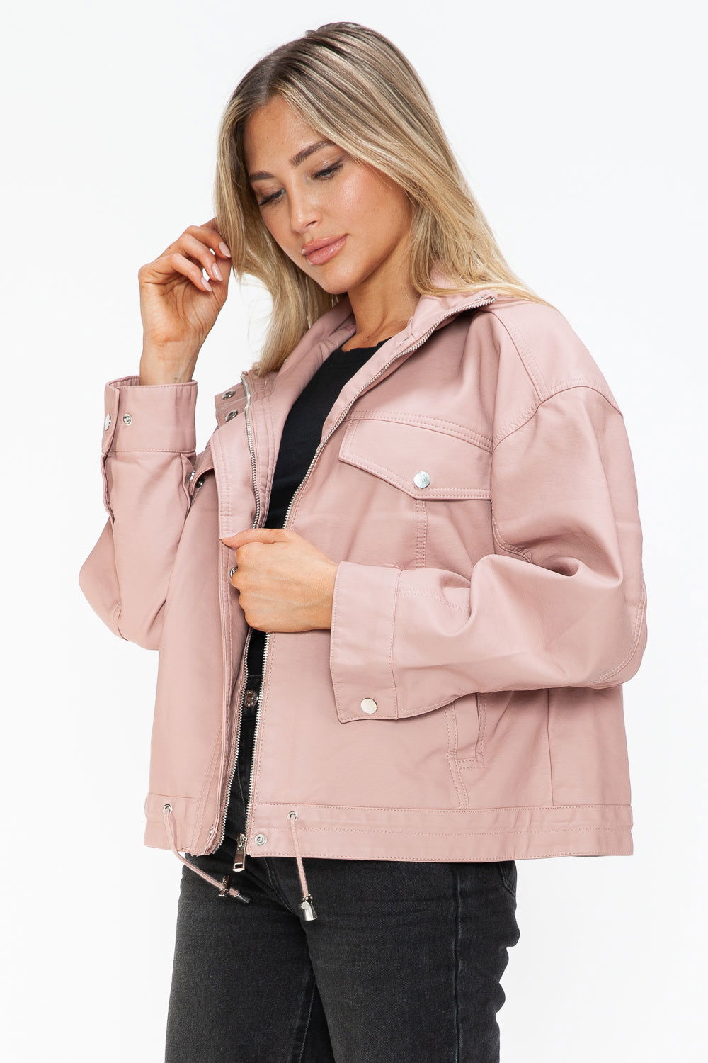 How Dare U Drawstring Hem PU Leather Zip Up Jacket In Mauve us.meeeshop - 