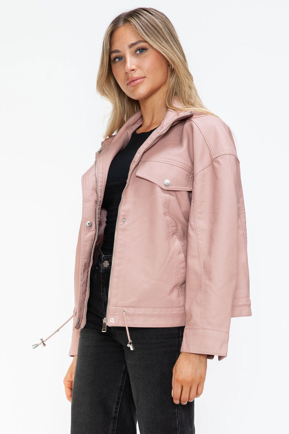 How Dare U Drawstring Hem PU Leather Zip Up Jacket In Mauve us.meeeshop - 