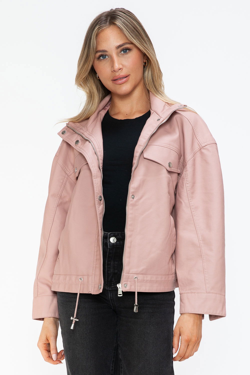 How Dare U Drawstring Hem PU Leather Zip Up Jacket In Mauve us.meeeshop - 