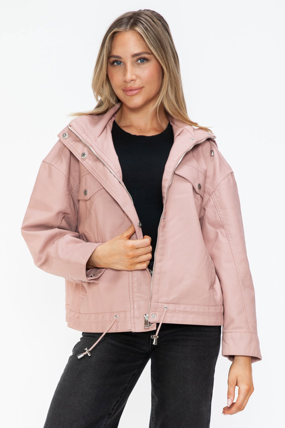 How Dare U Drawstring Hem PU Leather Zip Up Jacket In Mauve us.meeeshop - 