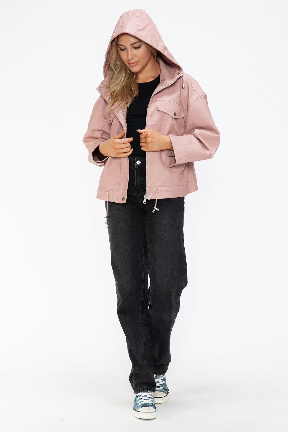 How Dare U Drawstring Hem PU Leather Zip Up Jacket In Mauve us.meeeshop - 