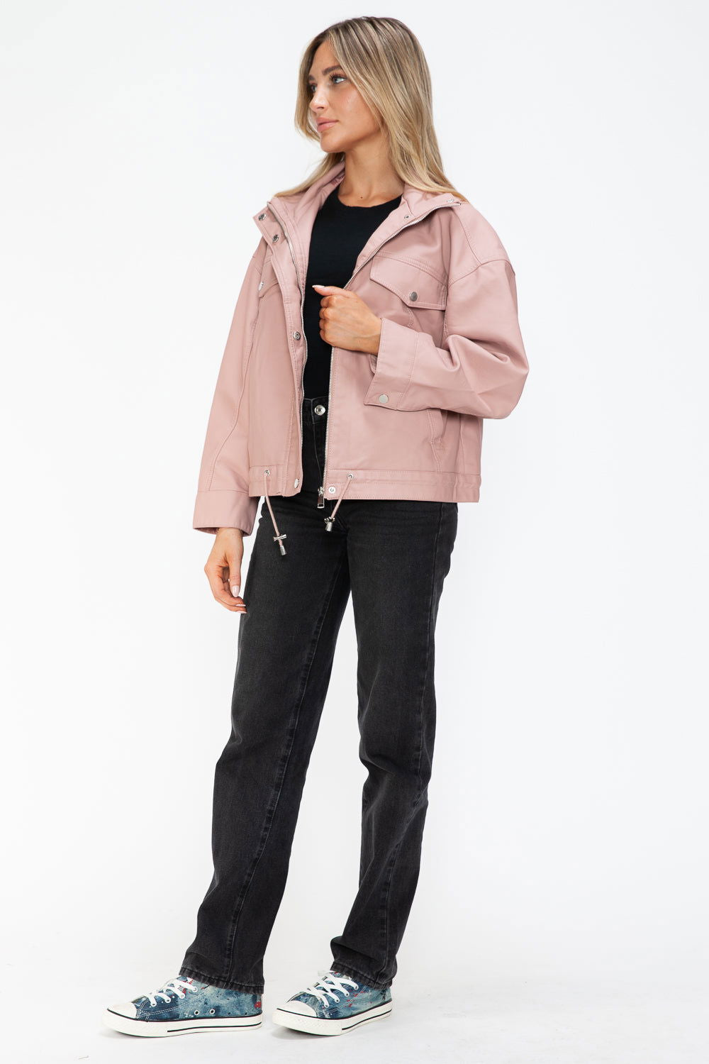 How Dare U Drawstring Hem PU Leather Zip Up Jacket In Mauve us.meeeshop - 