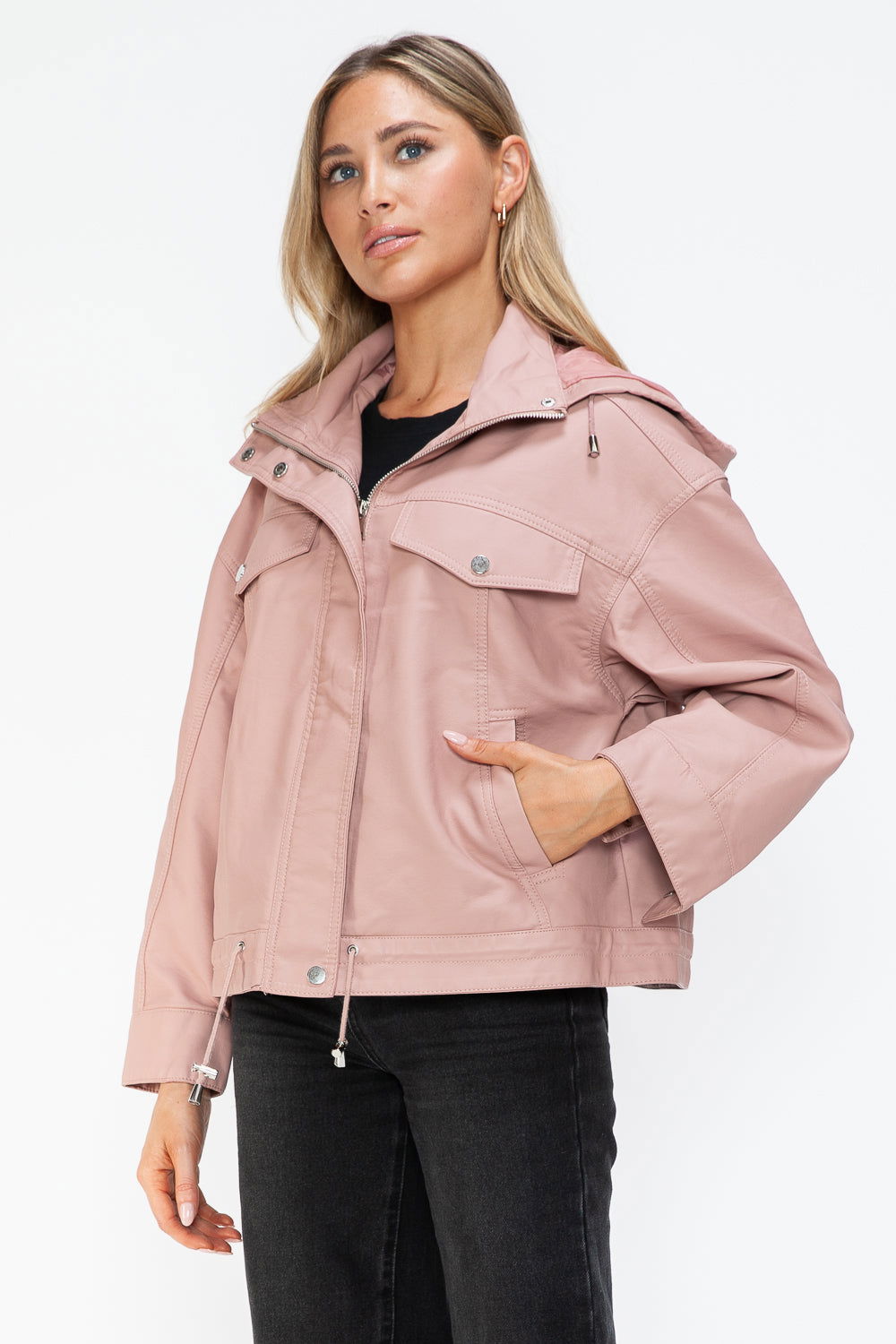 How Dare U Drawstring Hem PU Leather Zip Up Jacket In Mauve us.meeeshop - 