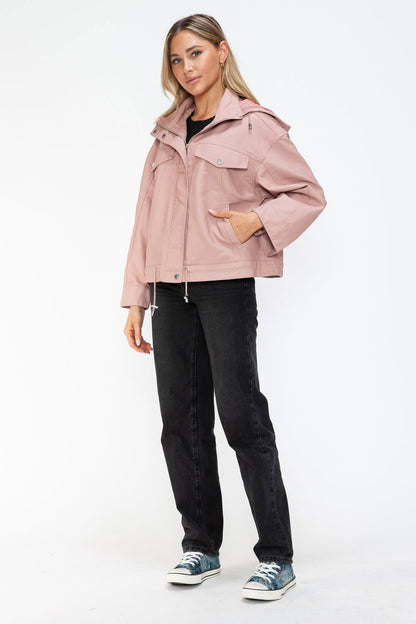 How Dare U Drawstring Hem PU Leather Zip Up Jacket In Mauve us.meeeshop - 