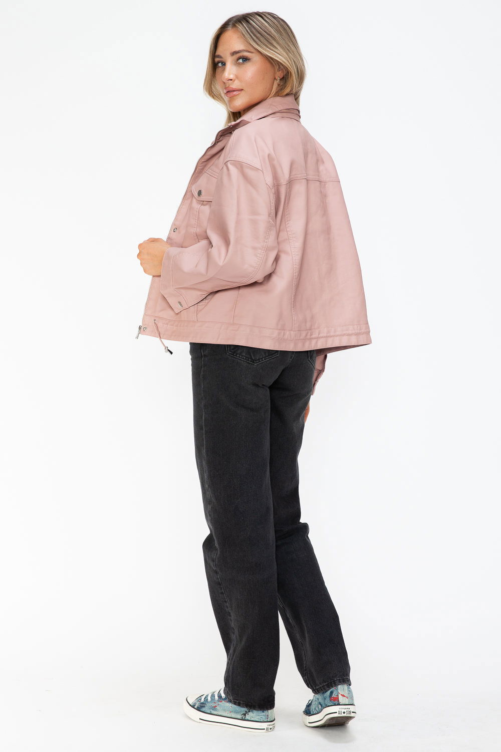 How Dare U Drawstring Hem PU Leather Zip Up Jacket In Mauve us.meeeshop - 