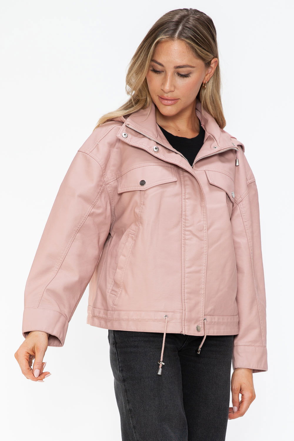 How Dare U Drawstring Hem PU Leather Zip Up Jacket In Mauve us.meeeshop - 