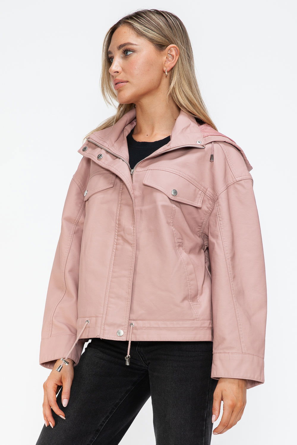 How Dare U Drawstring Hem PU Leather Zip Up Jacket In Mauve us.meeeshop - 