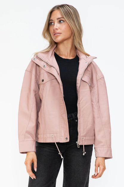 How Dare U Drawstring Hem PU Leather Zip Up Jacket In Mauve us.meeeshop - 