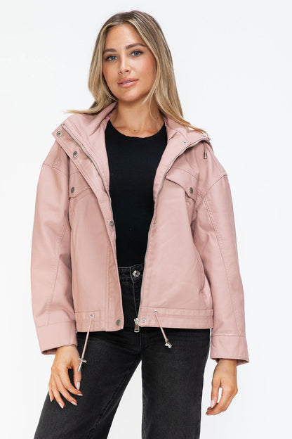 How Dare U Drawstring Hem PU Leather Zip Up Jacket In Mauve us.meeeshop - 