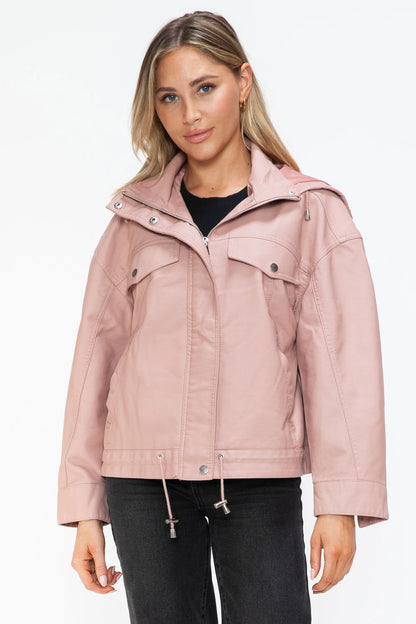 How Dare U Drawstring Hem PU Leather Zip Up Jacket In Mauve us.meeeshop - Coats & Jackets