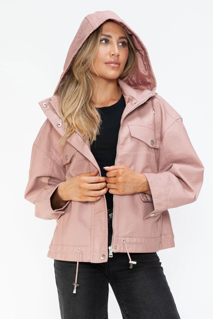 How Dare U Drawstring Hem PU Leather Zip Up Jacket In Mauve us.meeeshop - 