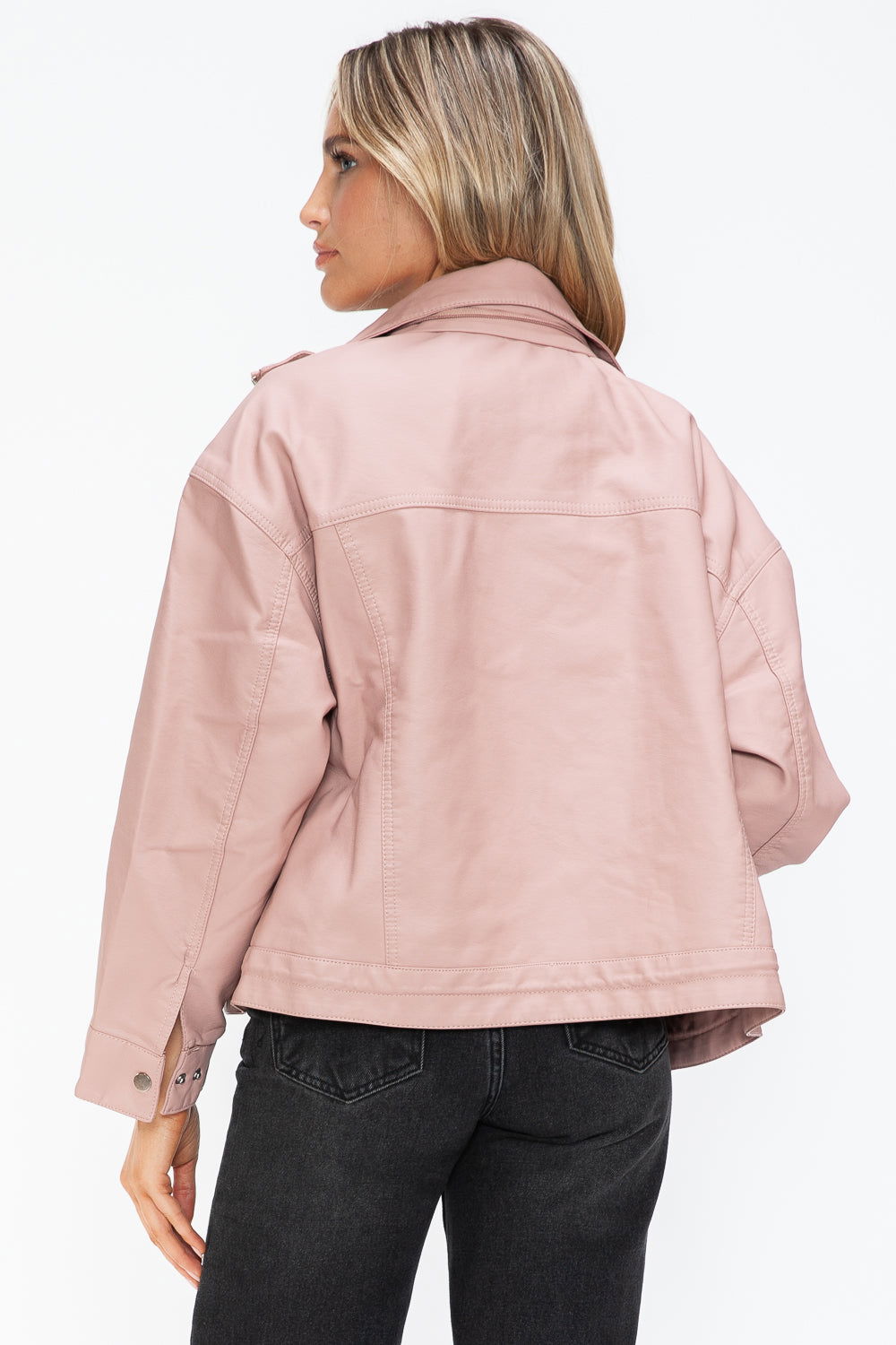 How Dare U Drawstring Hem PU Leather Zip Up Jacket In Mauve us.meeeshop - 