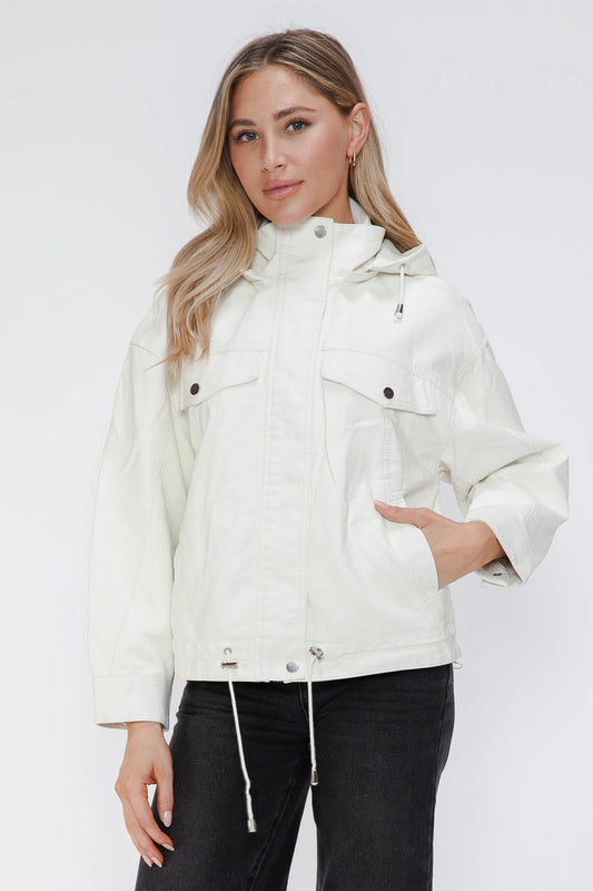 How Dare U Drawstring Hem PU Leather Zip Up Jacket In White us.meeeshop - Coats & Jackets