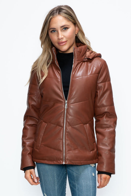 How Dare U Pocketed Zip Up Puffer Jacket with Removable Hood In Brandy us.meeeshop - Coats & Jackets