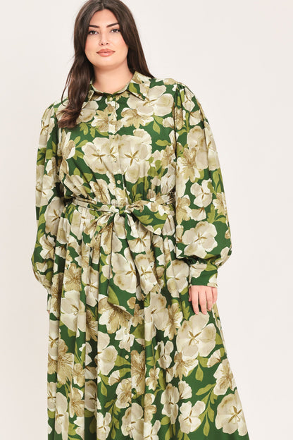 EVERGREEN CAMELLIA DREAM WOVEN MIDI SHIRT DRESS