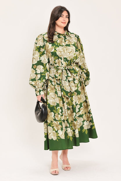 EVERGREEN CAMELLIA DREAM WOVEN MIDI SHIRT DRESS