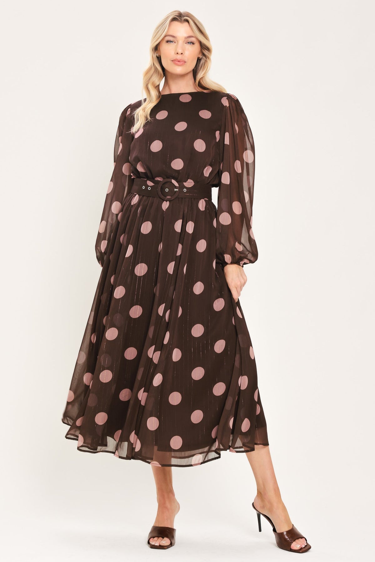 MAUVE MOCHA BROWN/MAUVE STATEMENT MIDI DRESS