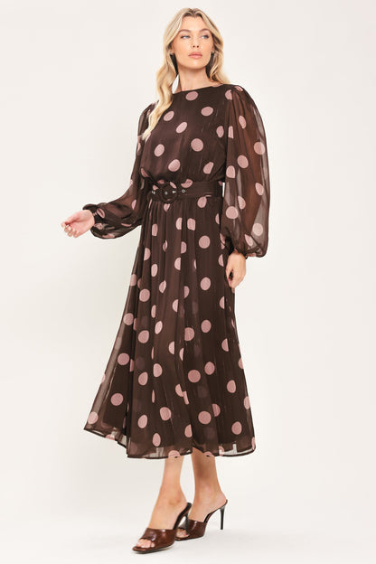 MAUVE MOCHA BROWN/MAUVE STATEMENT MIDI DRESS